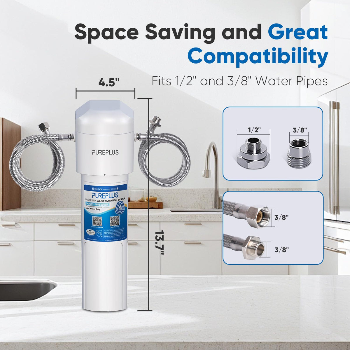 PurePlus quick-connect installation highlights easy setup and leak prevention.