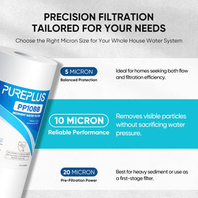 PUREPLUS whole-house sediment cartridge shown in a housing for cleaner tap water
