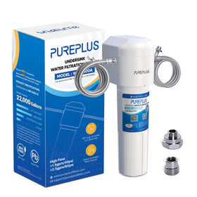 PurePlus Under Sink System under cabinet showing compact filtration setup for clean kitchen water.