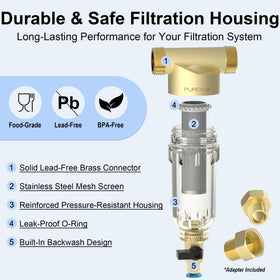 Purevua PSF1 flush valve action for quick debris clearing without cartridges.