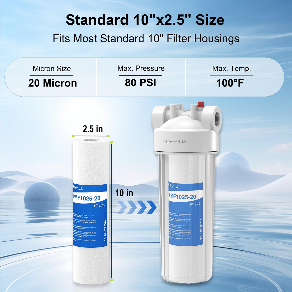 Purevua universal 10x2.5in filter fits most housings for pre-filter use