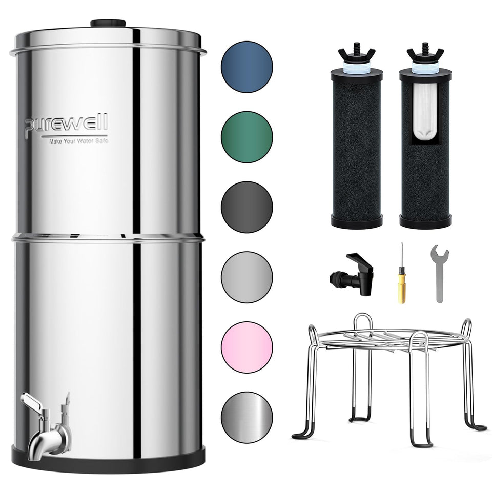 Purewell 3-Stage filter system front view highlighting compact countertop setup for clean drinking water.