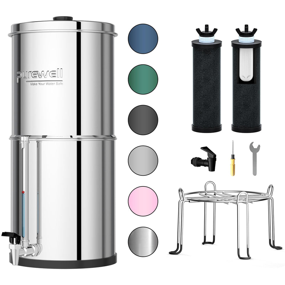 Purewell PW-OB-K upper chamber fill demonstrates gravity filtration at home.