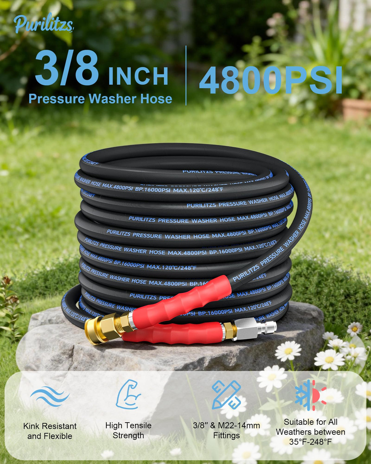 Purilitzs kink-resistant hose with steel-wire braid for durability