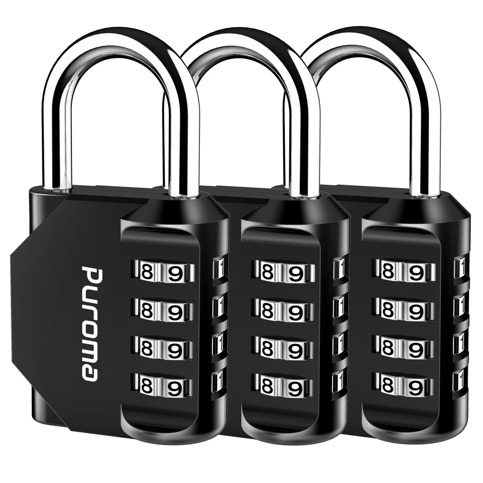 Puroma 3-pack 4-digit padlocks securing school lockers safely.