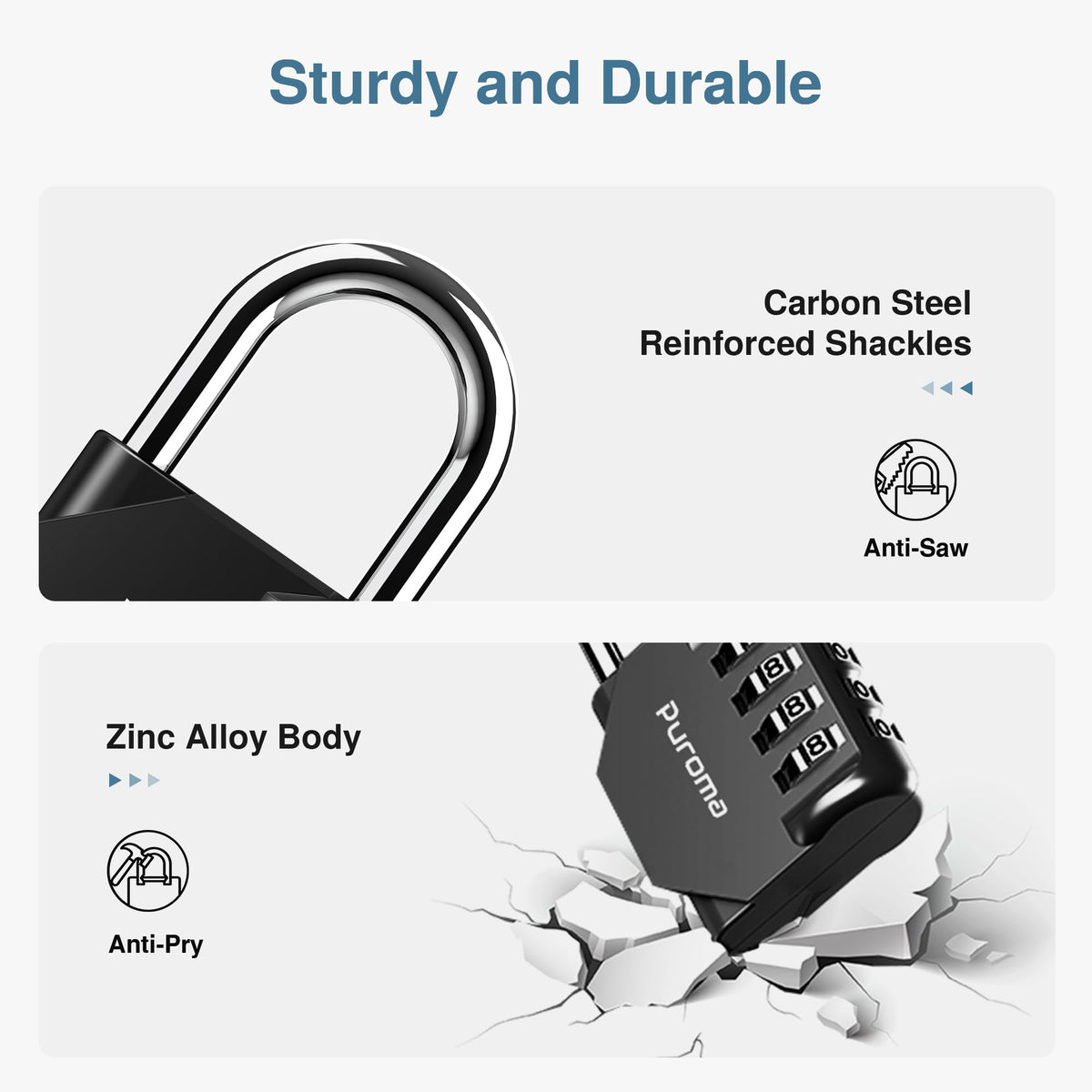 Puroma durable zinc alloy and steel padlock for daily use.
