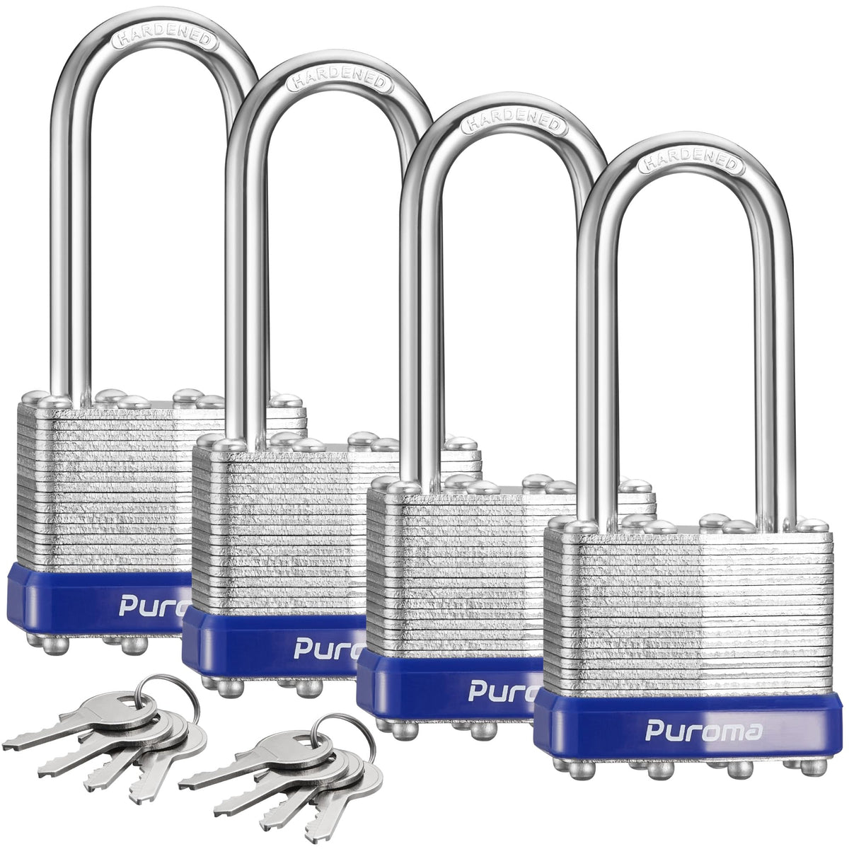 Puroma four-pack padlocks with 2-inch shackle for strong shed and gate security.