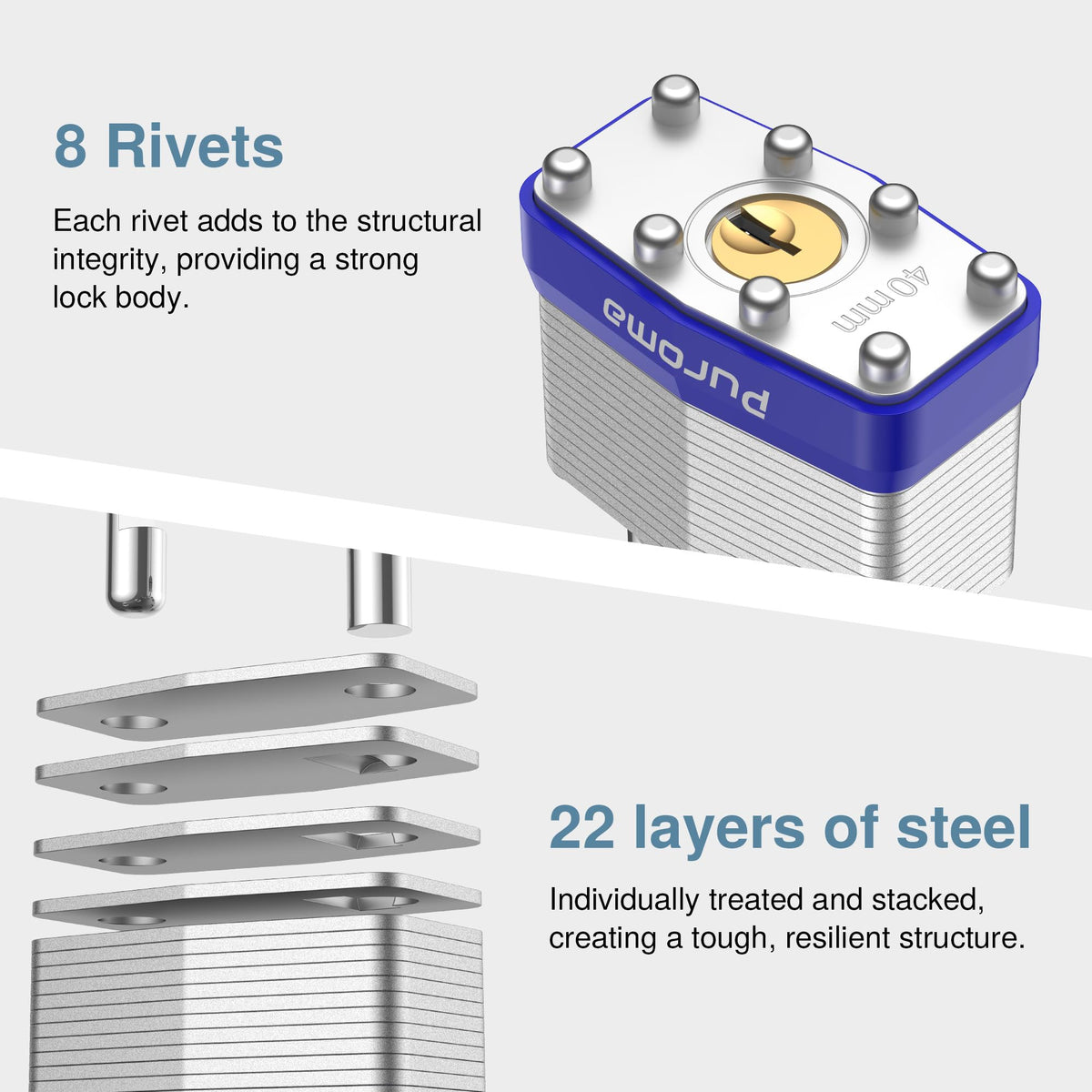 Puroma padlocks with a hardened steel shackle for high cut resistance.