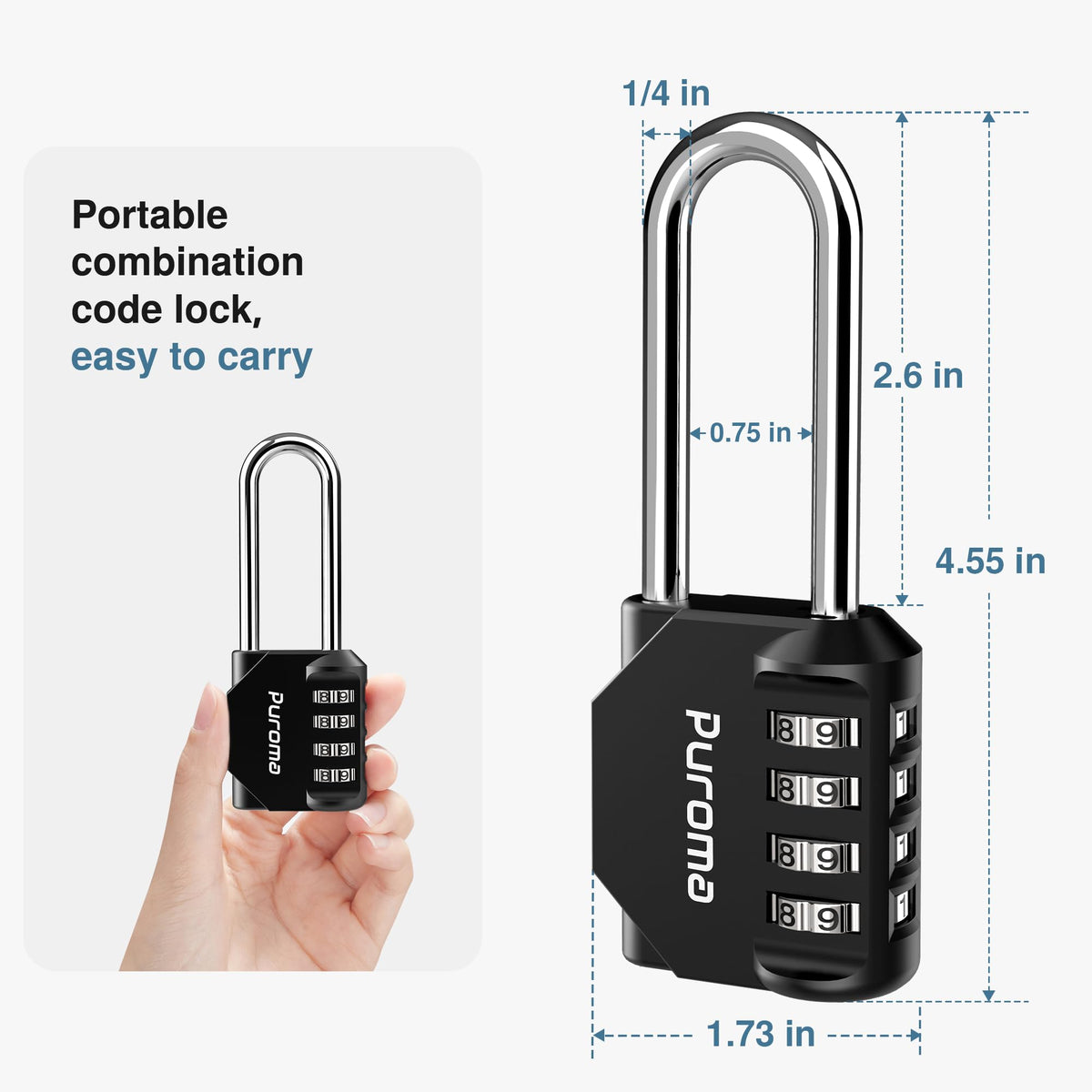 Puroma padlock side window design enables one handed code entry