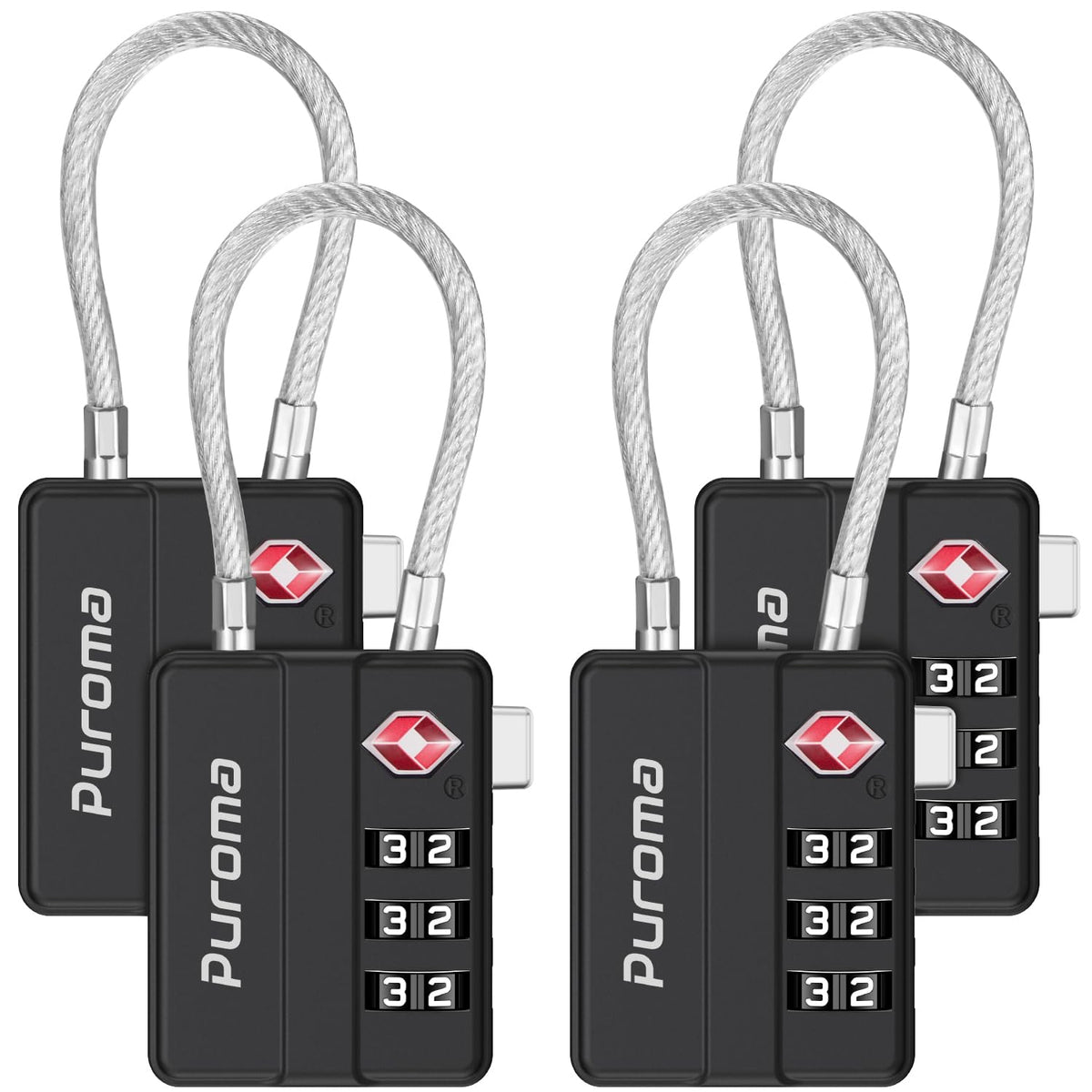 Puroma TSA locks display 3-digit dials for secure luggage on the go.