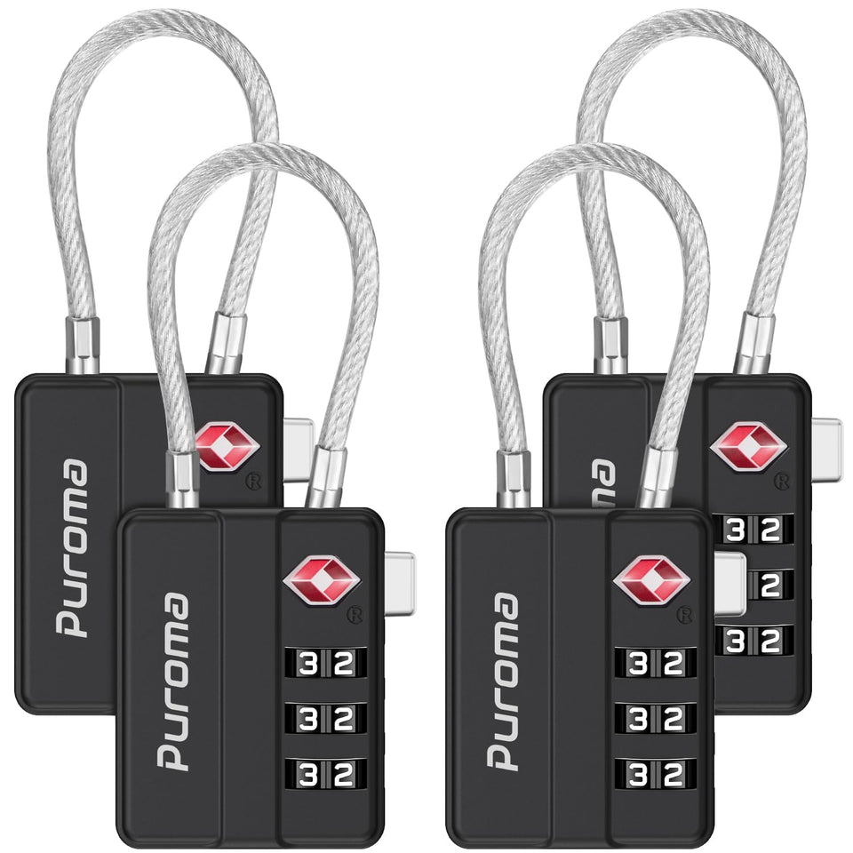 Puroma TSA locks display 3-digit dials for secure luggage on the go.