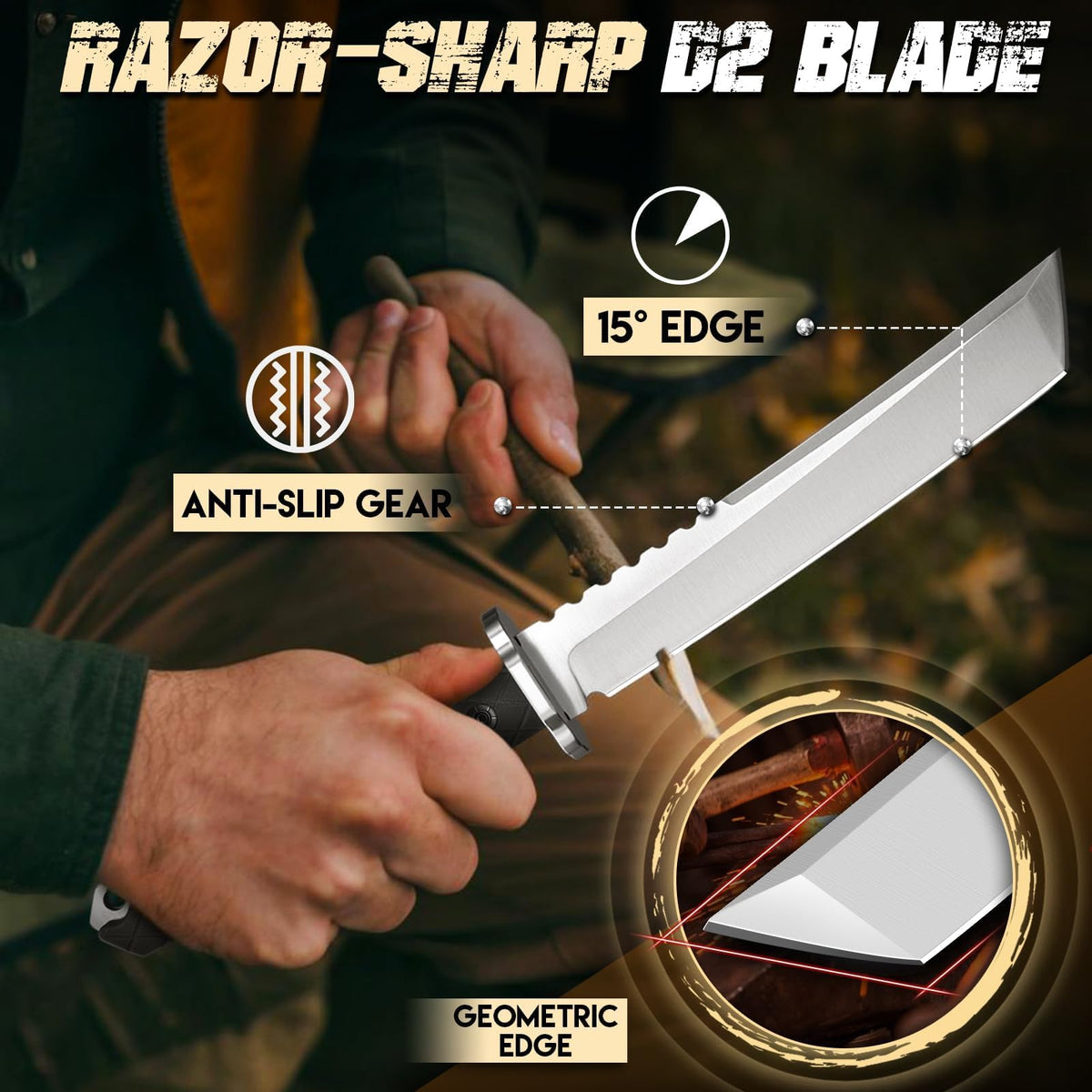 Purple Dragon D2 steel tanto tip for rugged piercing and prep work.