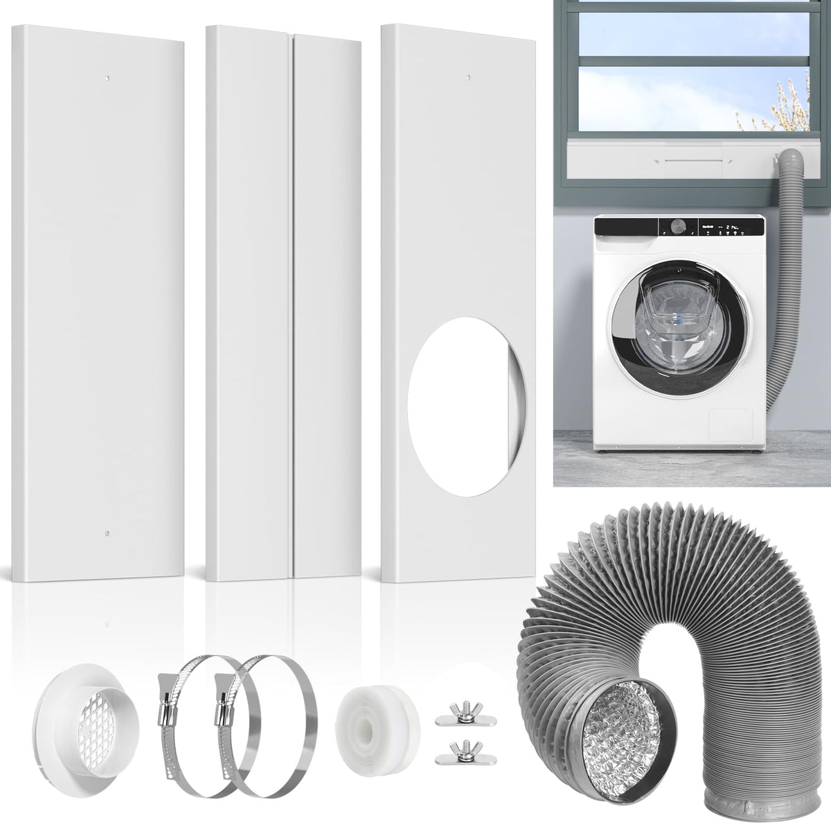 PURTEERY dryer vent window kit assembly demonstrating adjustable fit for various window sizes.