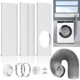 PURTEERY dryer vent window kit assembly demonstrating adjustable fit for various window sizes.