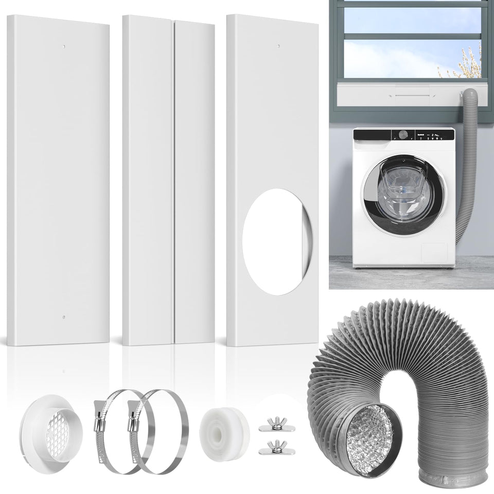 PURTEERY dryer vent window kit assembly demonstrating adjustable fit for various window sizes.