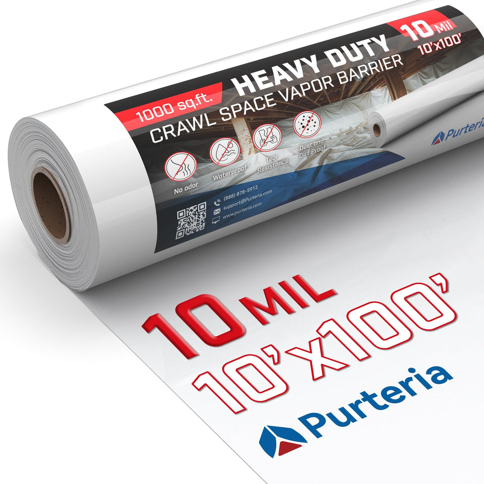 Purteria crawl space vapor barrier roll showing durable 10 mil material for moisture protection