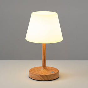 PUSU cordless LED wood-grain lamp, front view, compact design for any room