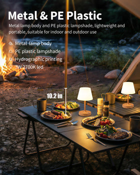 PUSU cordless LED wood-grain lamp, side view, easy placement on shelves