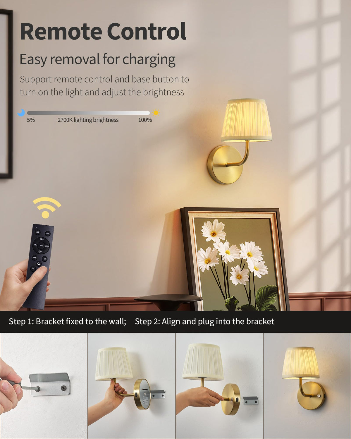 PUSU wall sconce with remote control for easy brightness adjustments.