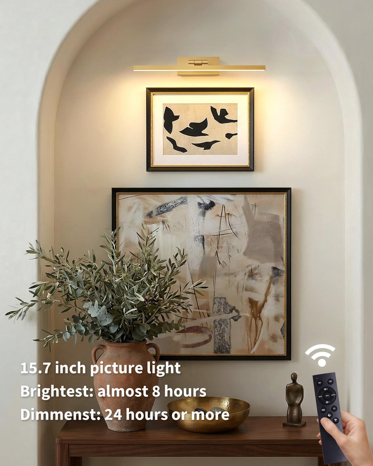 PUSU metal-aluminum finish art light complements modern gallery styling.