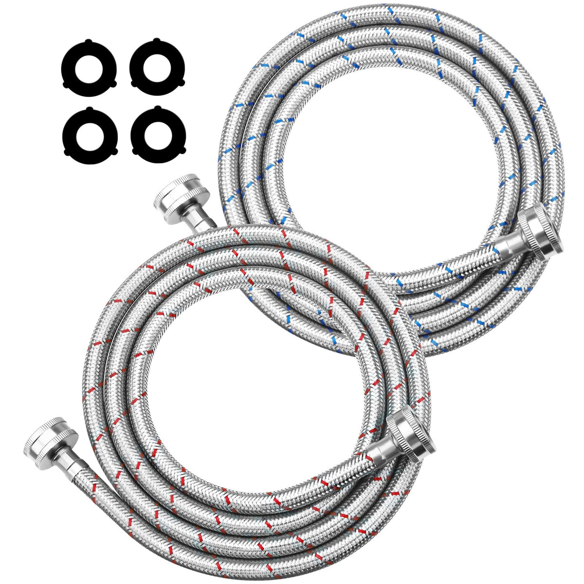 Puxyblue 6ft red braided washer hose close-up for hot water connection.