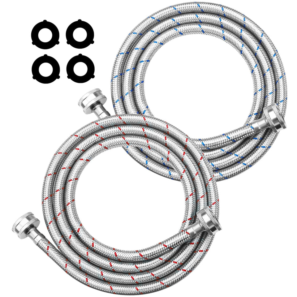 Puxyblue 6ft red braided washer hose close-up for hot water connection.