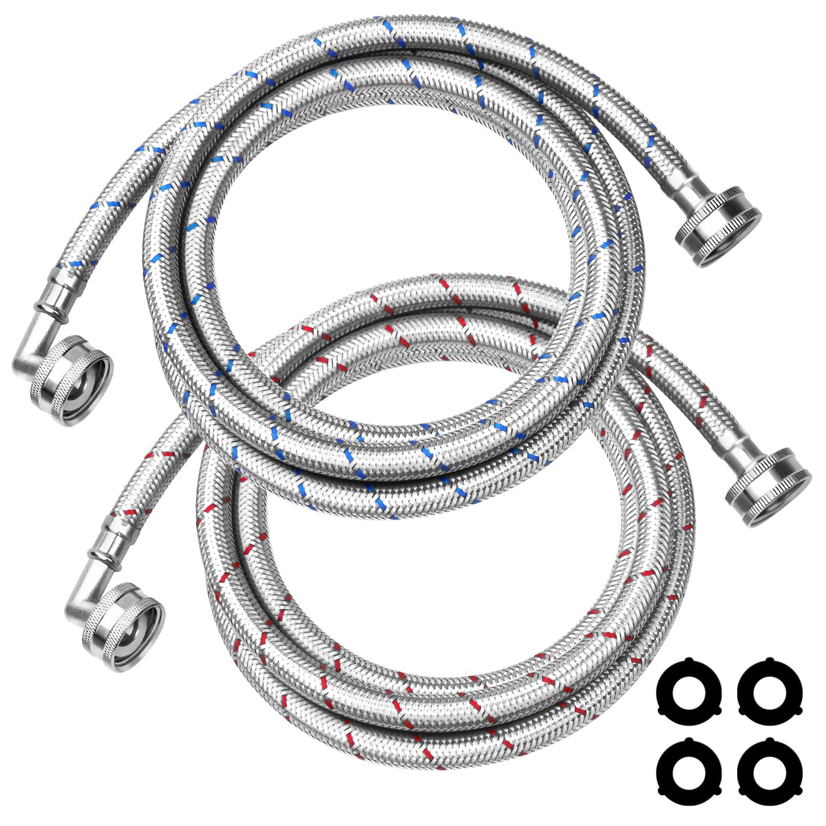 Puxyblue 6ft red braided washer hose ready for hot water supply; color-coded for quick hookup.