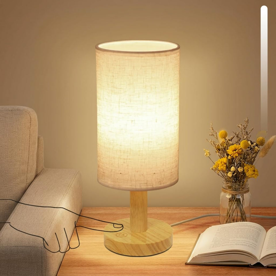 Puzipha touch bedside lamp with wood base, warm glow for reading by night.
