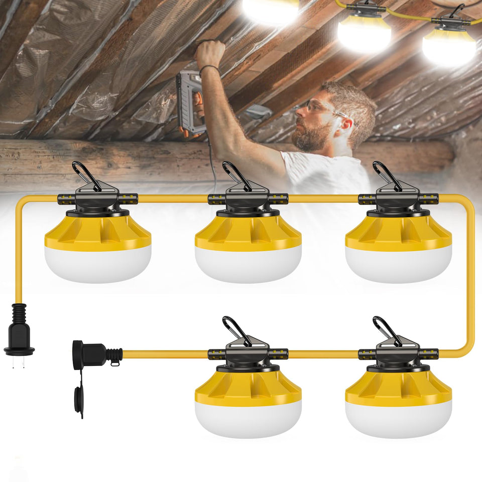 Pvilub 50ft construction lights with five bulbs illuminate a large work area