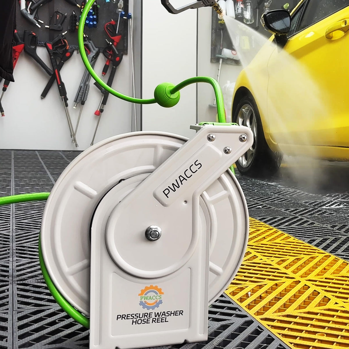 PWACCS retractable hose reel ceiling mount enables overhead storage and easy access