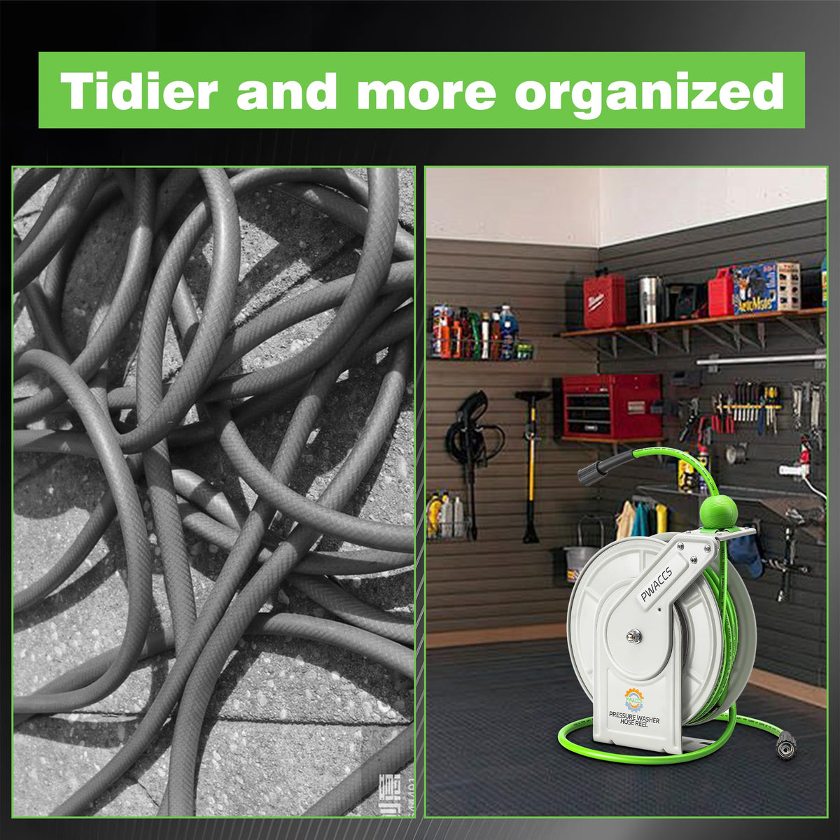 PWACCS retractable hose reel floor mount keeps workspace organized and tangle free
