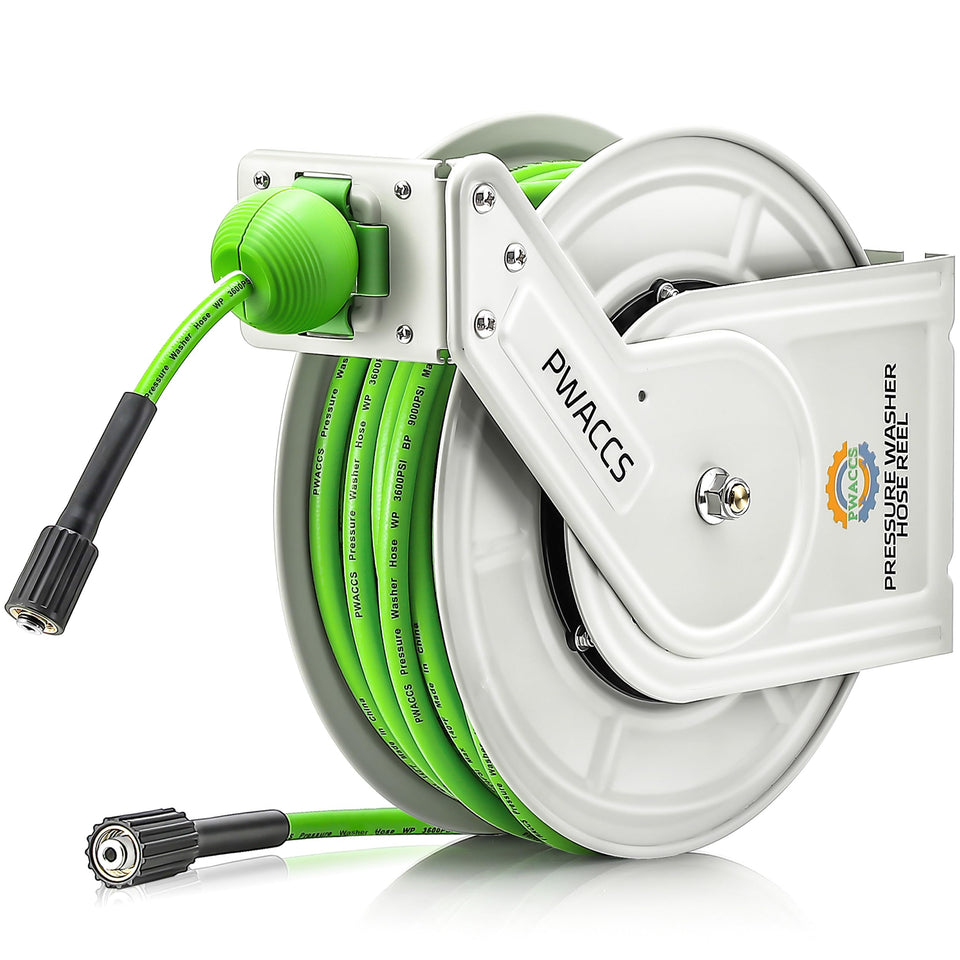 PWACCS retractable hose reel wall mount for tidy outdoor cleaning with 60 ft reach