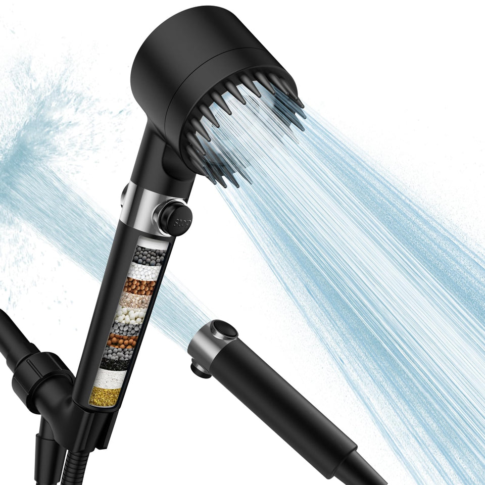 PWERAN filtered shower head black front view for a powerful rinse