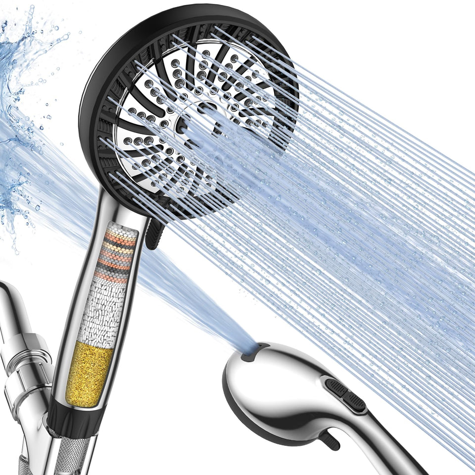 PWERAN chrome filtered shower head reduces chlorine for softer skin and hair.
