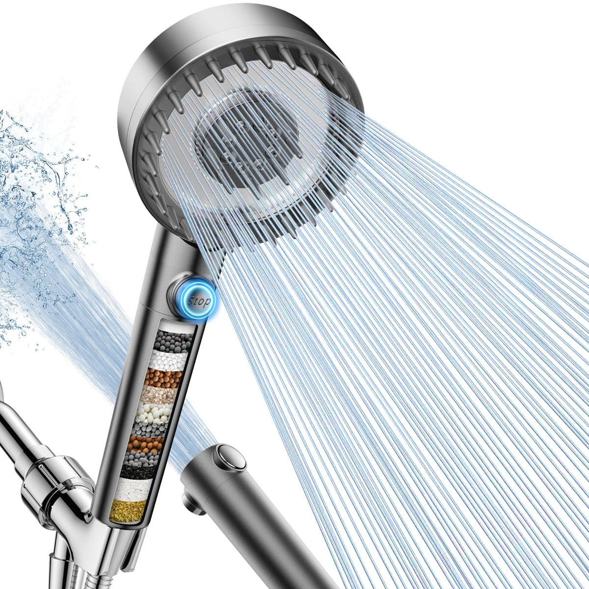 PWERAN filtered shower head close-up showing filtration features for cleaner showers