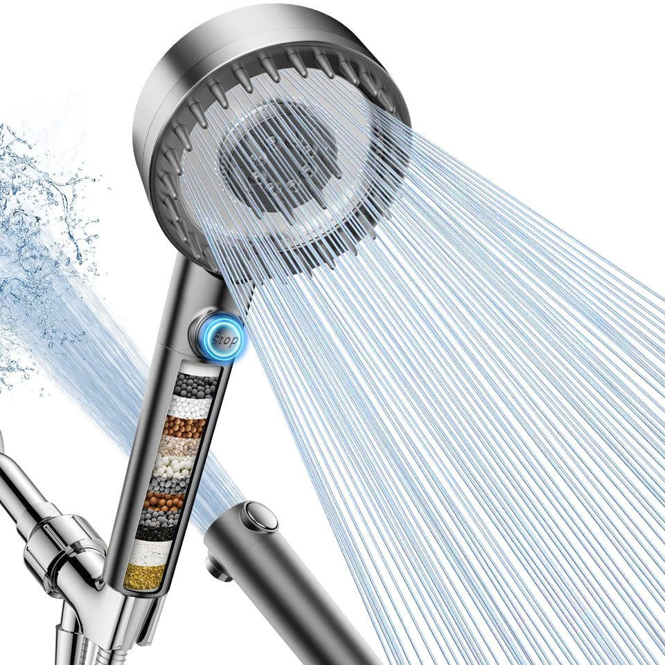 PWERAN filtered shower head close-up showing filtration features for cleaner showers