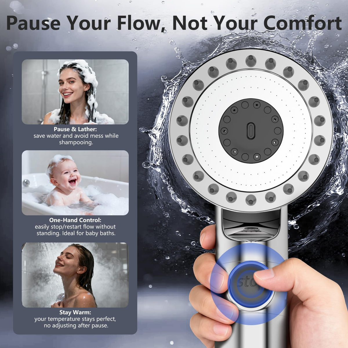 PWERAN four spray modes indicator showcasing rainfall, mixed, massage, pause.