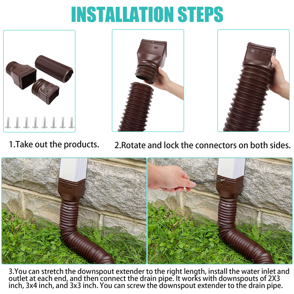 PXCAYFF downspout connector installs on various downspout sizes.