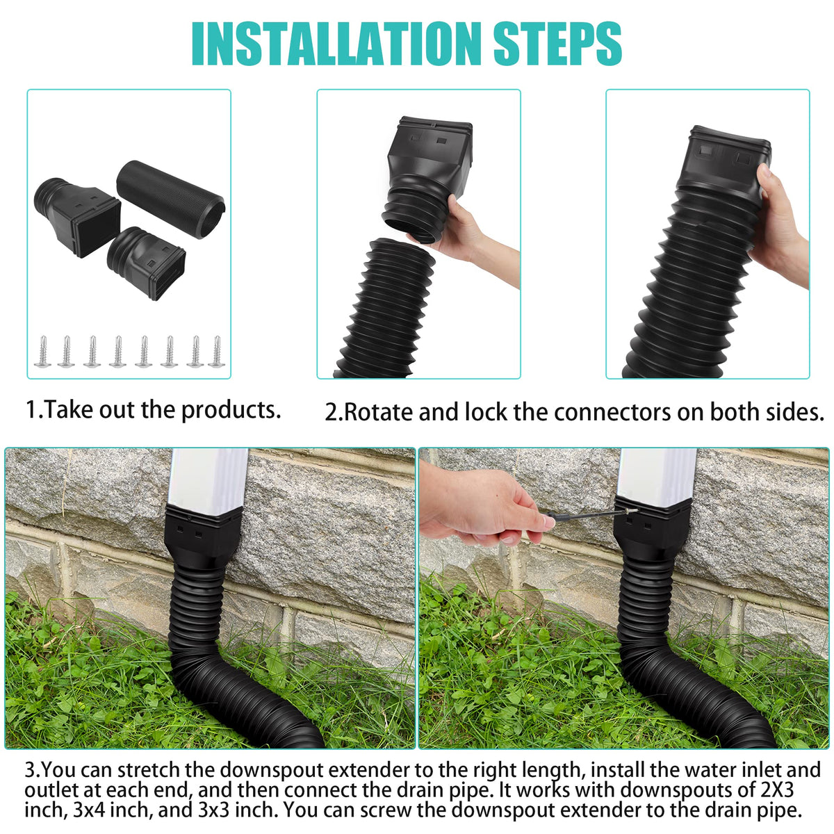 PXCAYFF downspout extenders compatible with 2x3, 3x4, 3x3 downspouts.