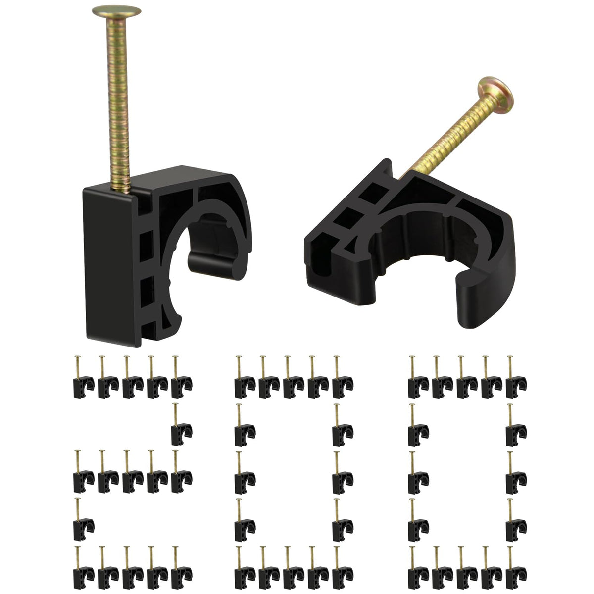 PXZBLG 200-pack J-hook clamps with nails ready for quick pipe mounting.