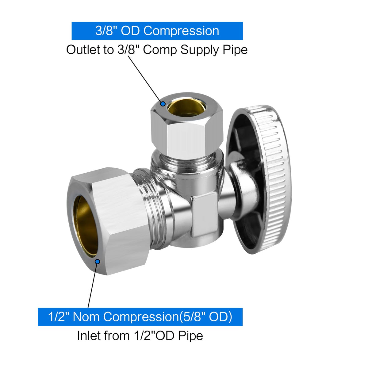 PXZBLG angle stop valve with 1/2 in inlet and 3/8 in compression outlet.