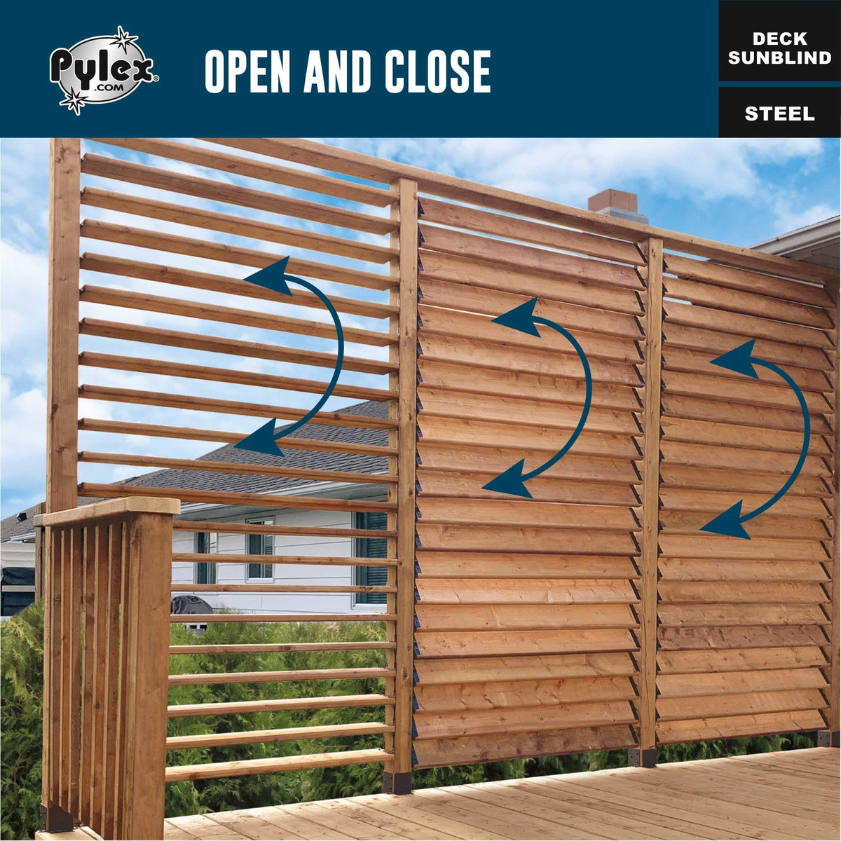 Pylex Deck Sunblind System louvers provide adjustable shade for patios and decks.