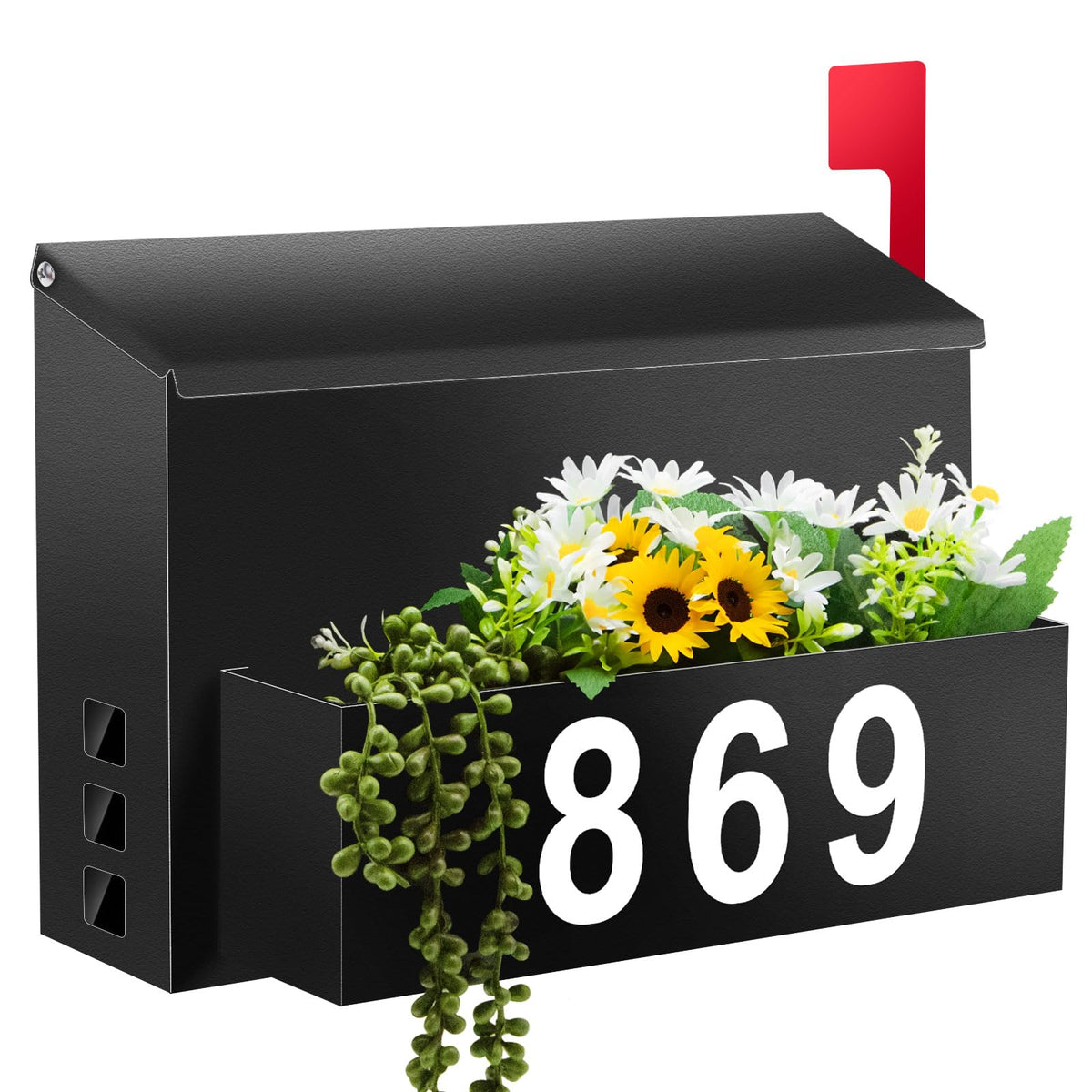 Pyoimmne wall-mount mailbox with planter front view, enhances curb appeal while storing mail.