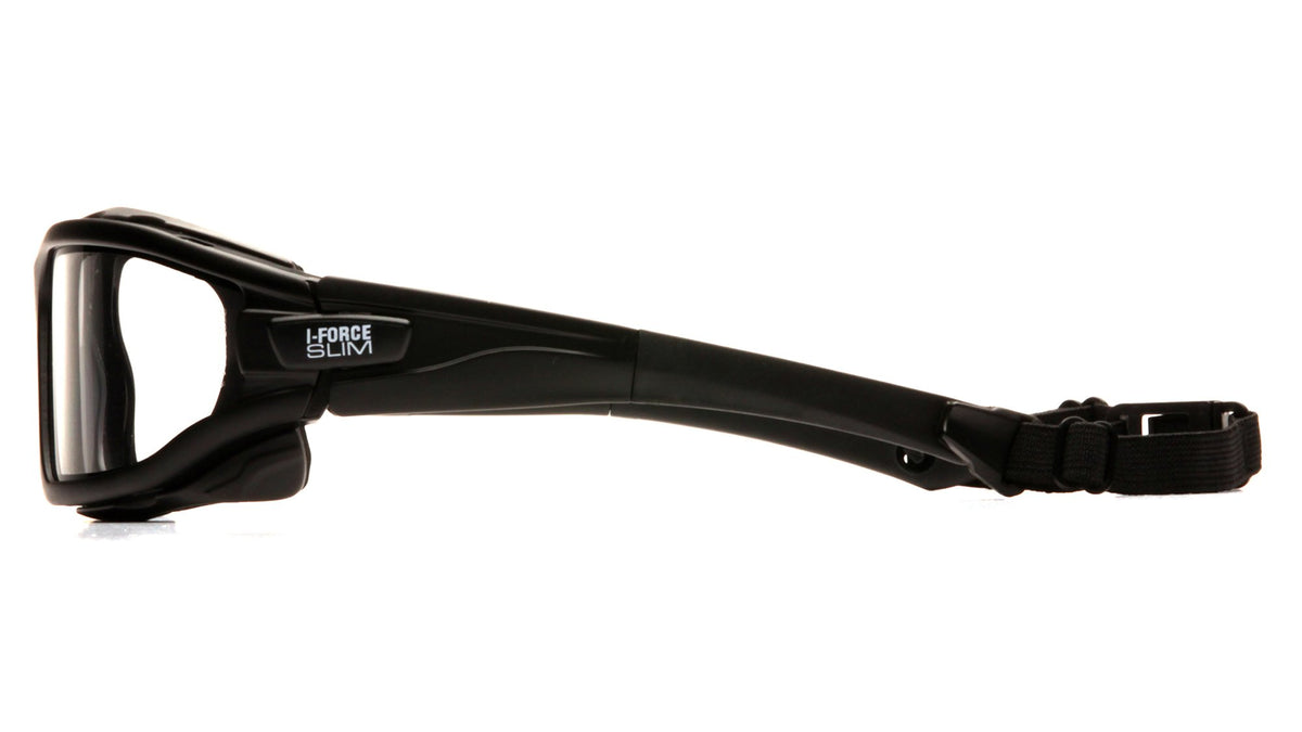 Pyramex I-Force Slim goggle quick-release temples in use