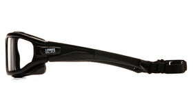 Pyramex I-Force Slim goggle quick-release temples in use