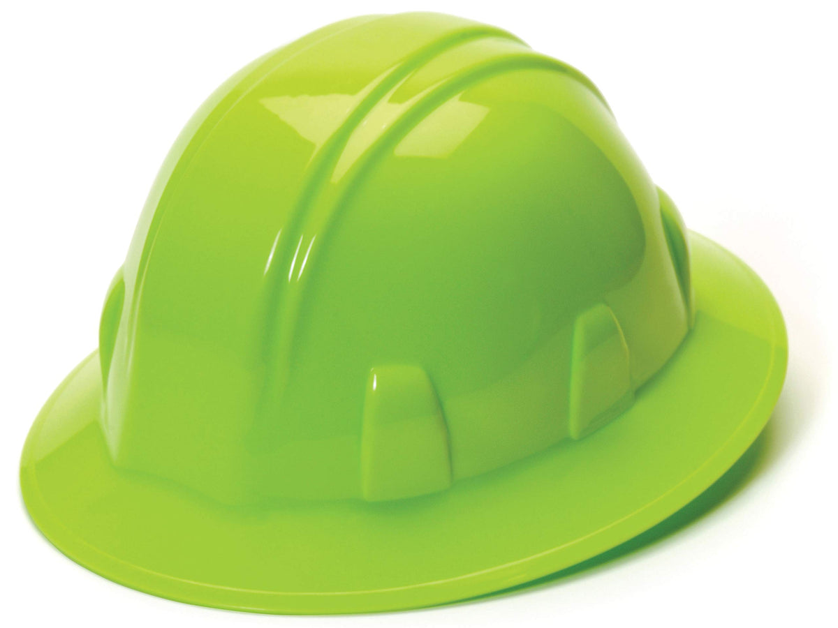 Pyramex SL Series full brim hard hat in hi-vis lime for enhanced visibility.