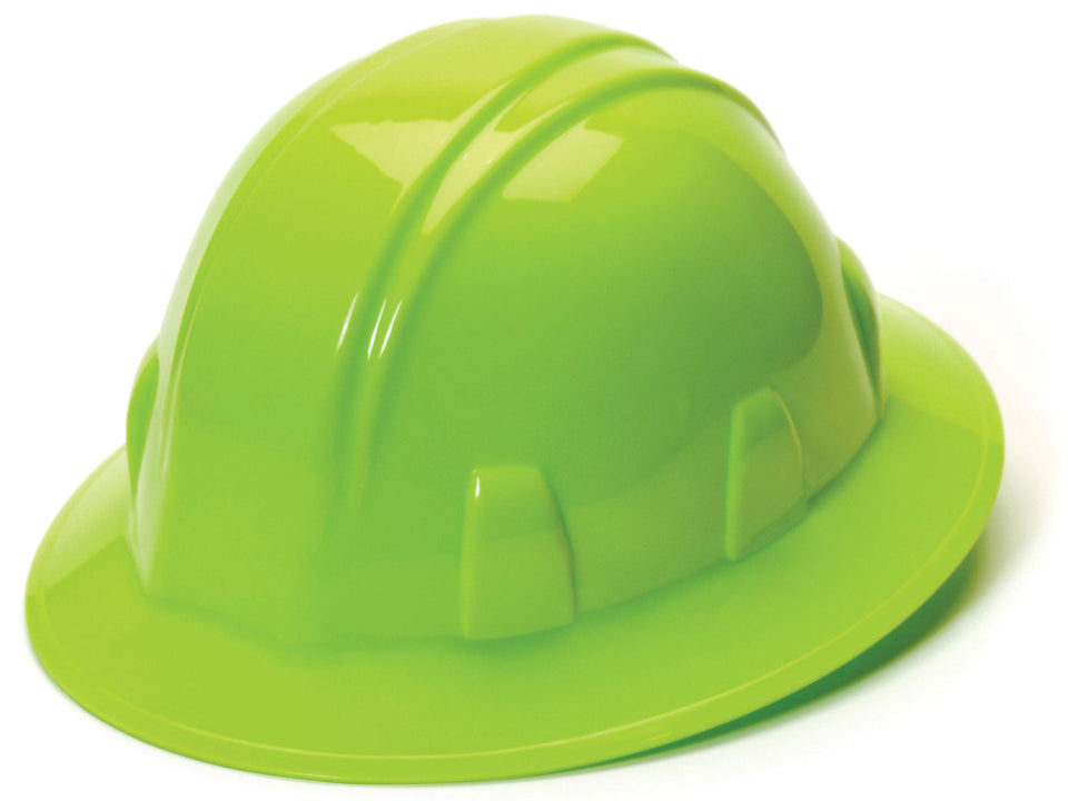 Pyramex SL Series full brim hard hat in hi-vis lime for enhanced visibility.