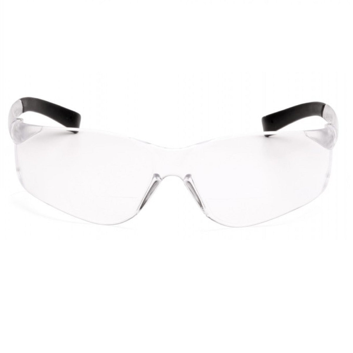 Pyramex Ztek bifocal reader safety glasses lens close-up shows scratch-resistant coating.