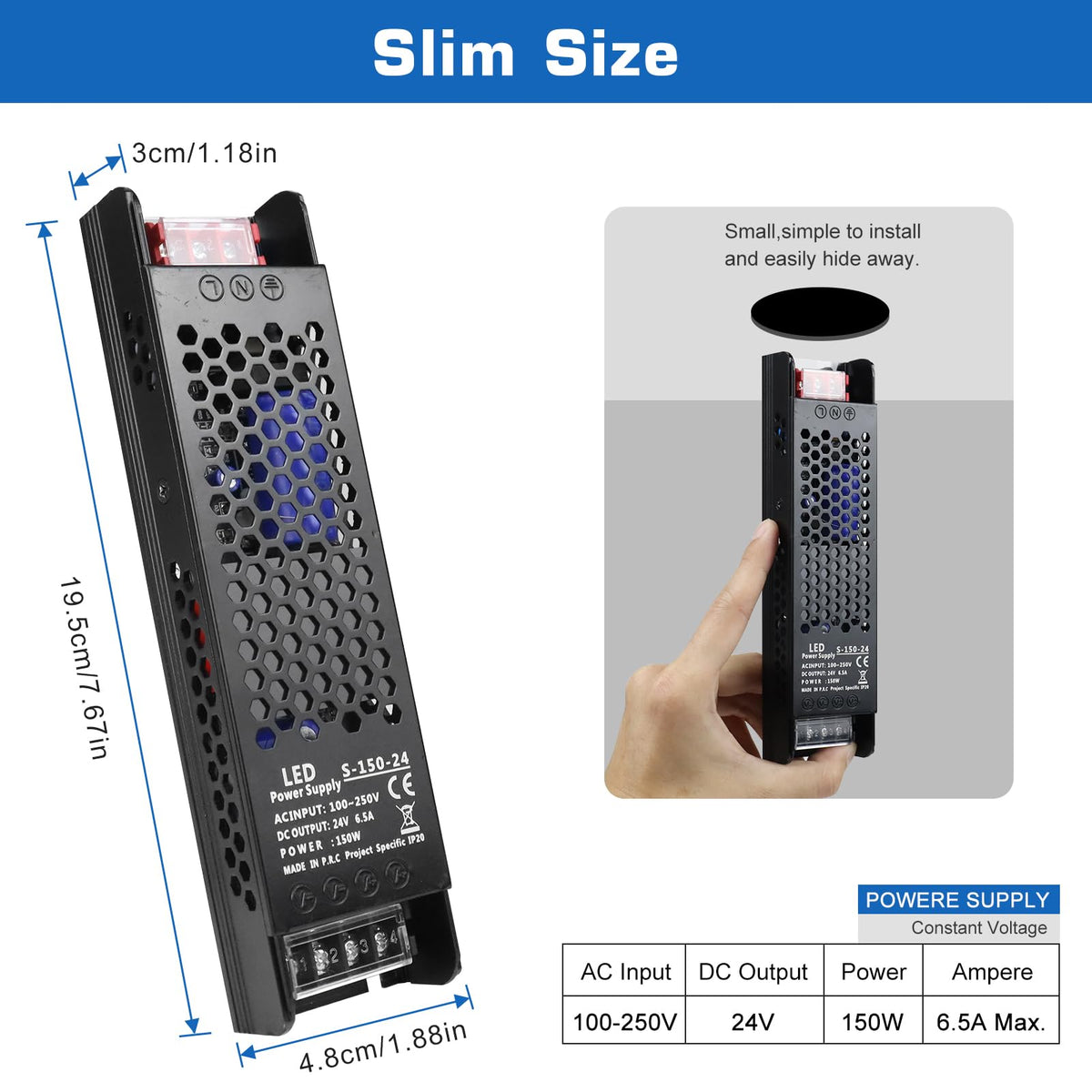 PZETCEIR LED driver 24V side profile highlighting compact silhouette