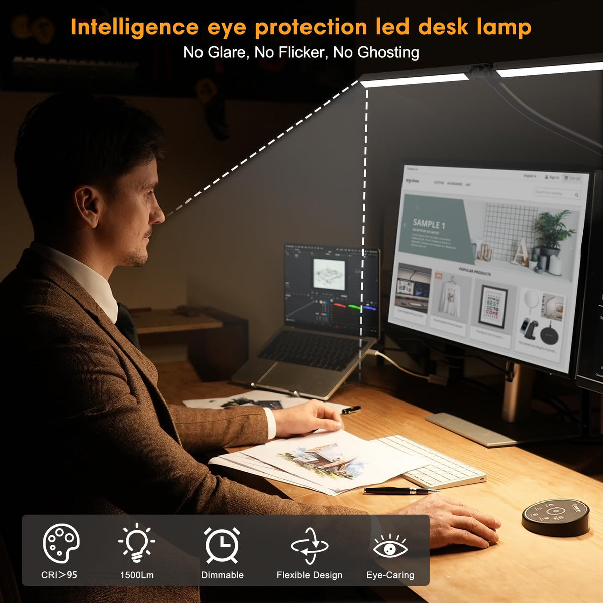 Pzloz lamp with 180-degree swing arms adapts to desk angles.